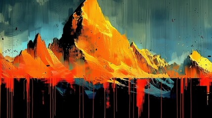  An abstract illustration of a mystical mountain, close-up shot, glitchy textures and colors, the background is a gradient of dark blue to light teal,