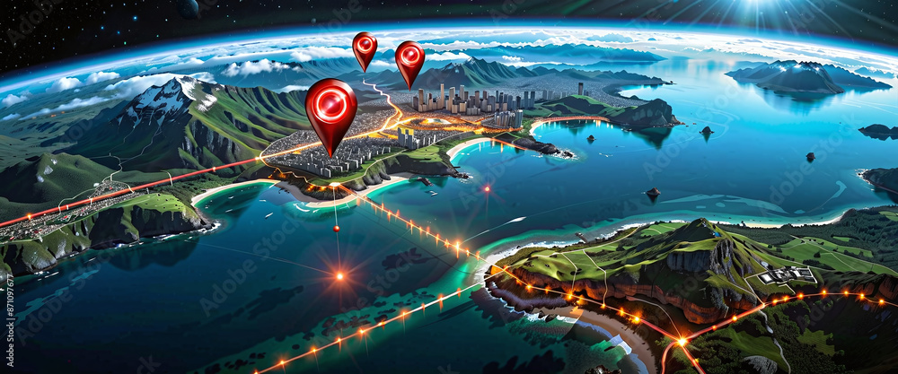 Wall mural connected waymarks or highlighted points, show the way to the desired destination on a route on a ma