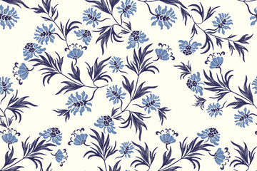 Indian floral pattern seamless embroidery Ikat texture indigo blue flower tapestry white background ethnic vintage motif traditional hand drawn vector illustration design for fabric textile.