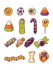 set of traditional sweets for Halloween. Sweet treats for the holiday. Candies isolated on white flan. Halloween. Vector illustration