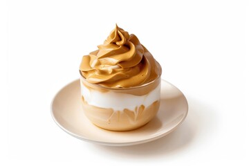 Fluffy Dalgona Coffee Topping Over Cold Milk in Glass