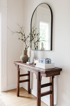 Modern, Traveled Entryway with Arch Mirror