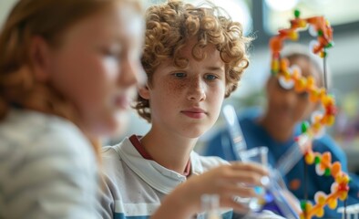Teenage student engaged in building molecular model during science class