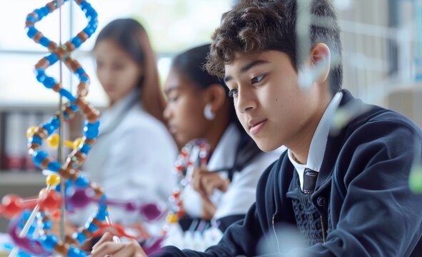 Teenage student in school uniform studying DNA model in a science class