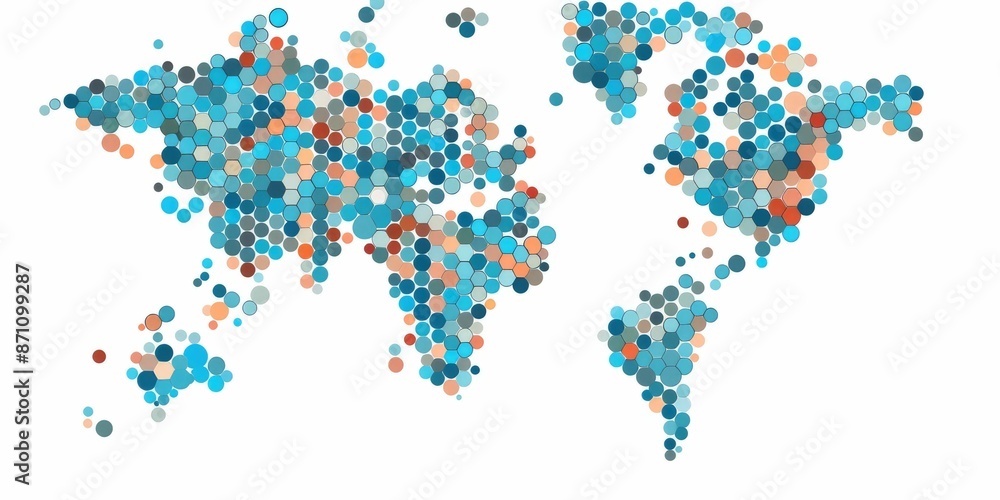 Poster abstract vibrant world map composed of multicolored circles on a light background. global diversity 