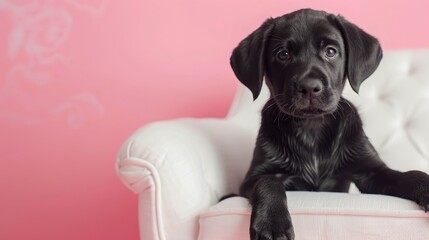 Black lab puppy posing on pink background on white sofa