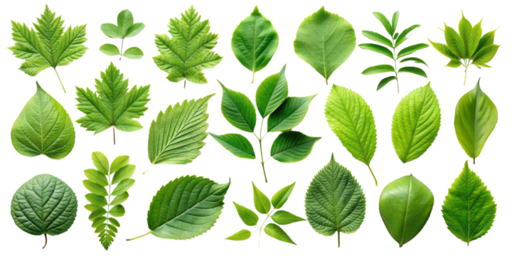 Collection of 20 Isolated Green Leaves on Black Background