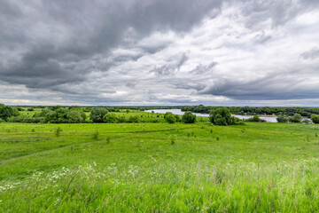 A large field of grass with a cloudy sky in the background