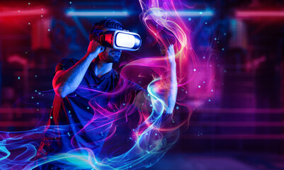 Man wearing VR glass and smashing or punching at camera in neon boxing arena. Sport gamer boxing and moving gesture in metaverse or virtual world while using digital technology innovation. Deviation.
