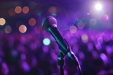 Obraz premium Close-up of Microphone with Blurry Crowd Background at Concert or Political Speech
