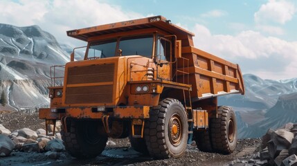 Fototapeta premium A large orange dump truck is parked on a rocky terrain in a mountainous region. The truck appears to be ready for work, with its bed empty and its tires firmly planted on the ground