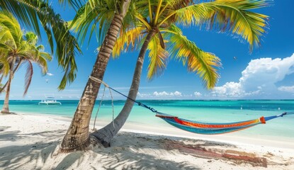 Fototapeta premium A colorful hammock hanging from the branches of two palm trees on an exotic beach, with crystal clear turquoise waters and white sand under a bright blue sky Generative AI
