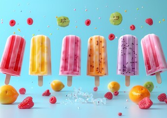 Playful Popsicle Illustration in Bright Geometric Patterns on Vivid Blue Background