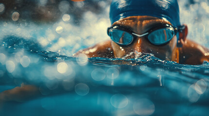 Fototapeta premium Close-up of a competitive swimmer swimming freestyle in a pool.