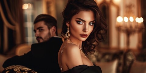 Elegant Woman in Glamorous Setting with Man in Background. Generative ai.