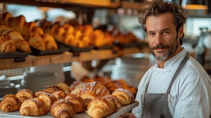 A proud baker in a bakery smiles while displaying a tray of freshly baked croissants, symbolizing his commitment to producing high-quality, delicious pastries in a bustling environment.
