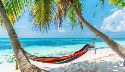 Naklejka premium A colorful hammock hanging from the branches of two palm trees on an exotic beach, overlooking crystal clear turquoise waters and white sand under a bright blue sky with birds flying Generative AI