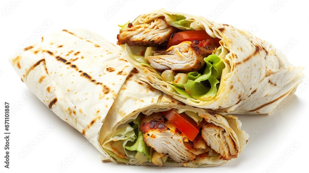 Poster Delicious chicken wraps filled with fresh vegetables and garnished with grilled tortilla. Perfect for quick meals and healthy eating. Vibrant and appetizing presentation. 