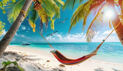 Naklejka premium A colorful hammock hanging from the branches of two palm trees on an exotic beach, overlooking crystal clear turquoise waters and white sand under a bright blue sky with birds flying Generative AI