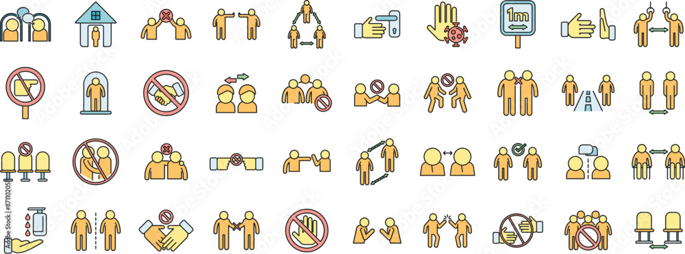 Poster avoid contact icons set outline vector. touch handle. door surface thin line color flat on white