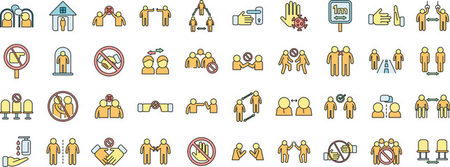 Obraz premium Avoid contact icons set outline vector. Touch handle. Door surface thin line color flat on white