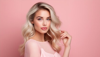 Obraz premium Young Woman on Pastel Pink Background 