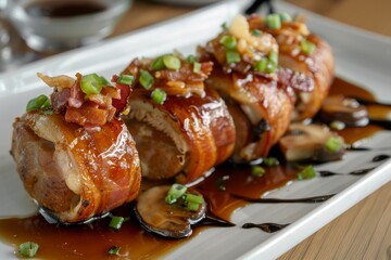 Bacon wrapped pork with pickles mushrooms and onions