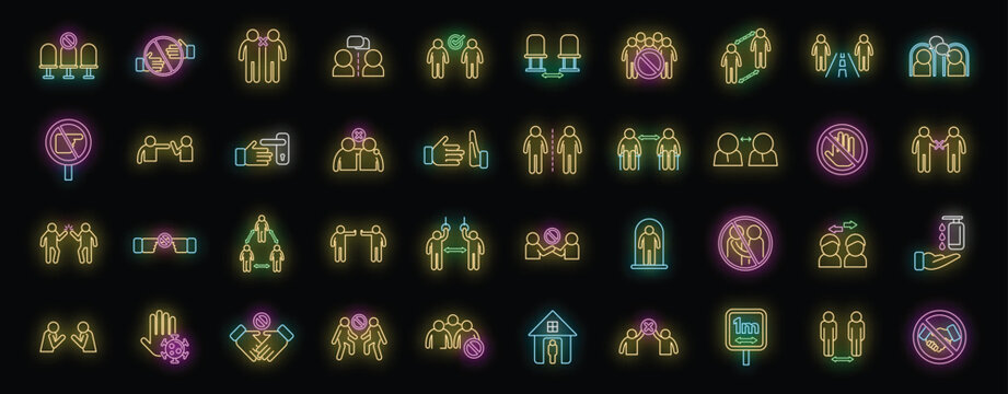 Avoid contact icons set outline vector. Touch handle. Door surface neon color on black
