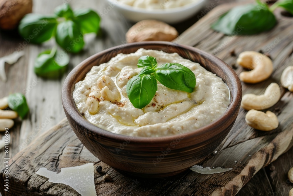 Sticker basil infused cashew sauce in a bowl for vegetarian diet top down view