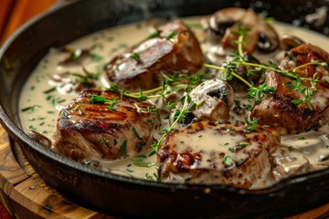 BBQ pork filet medallions in cream sauce with mushrooms and herbs in rustic pan on wooden board