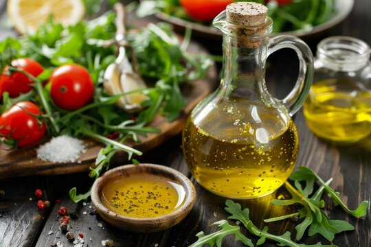 Basic vinaigrette served in a glass container with arugula and tomato salad in the background