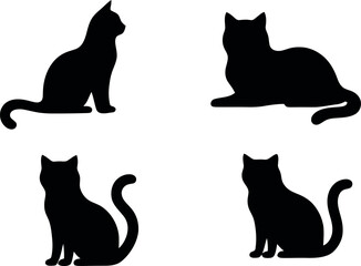 Set of cute black cats silhouette on a white background