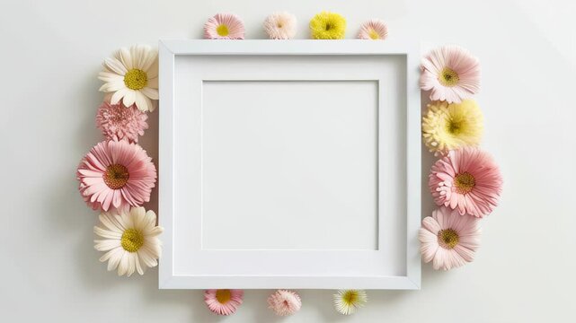 Video white photo frame mockup decorated with flowers against white background. Floral blank copy space. Mother's day or women's day concept