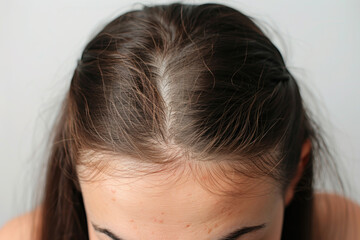 Fototapeta premium Young woman with parted hair on her head. Hair loss