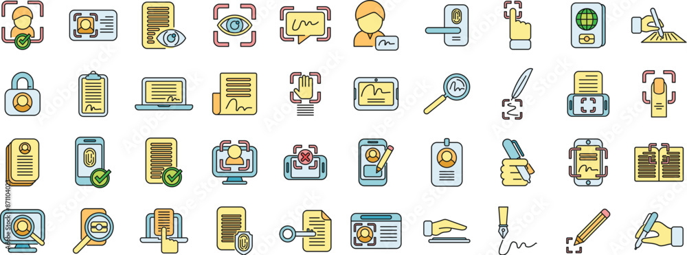 Poster handwriting identification icons set outline vector. access approve. biometric finger thin line colo