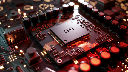 Microcomponents and semiconductors of a computer motherboard with CPU in the center.