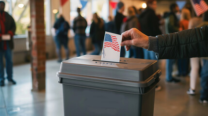 hand puts the ballot paper into the ballot box. Close-up of  hand holding ballot. Place for text.