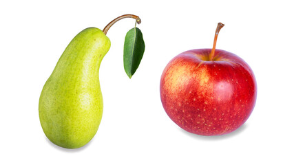 pear with green leaf and red apple on white background