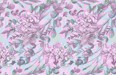 Fototapeta premium Summer pattern with hydrangea flowers drawn in pencil and watercolor for textiles and design