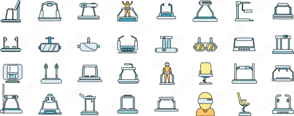 Poster vr platform icons set outline vector. augmented reality. digital cinema thin line color flat on whit