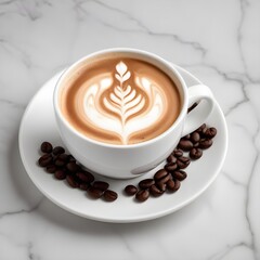 Obraz premium A white ceramic cup filled with a latte or cappuccino, surrounded by roasted coffee beans scattered on a light marble surface. The coffee drink has an intricate latte art design on the surface