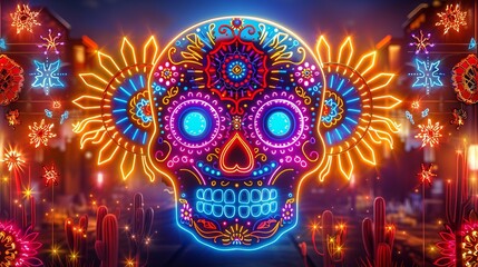 Neon Sugar Skull Decor in Mexico City