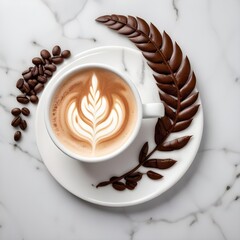 A white ceramic cup filled with a latte or cappuccino, surrounded by roasted coffee beans scattered on a light marble surface. The coffee drink has an intricate latte art design on the surface