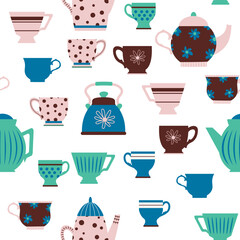 Seamless pattern from different colored cups. Tea, coffee, drinks. Perfect for wallpapers, gift paper, greeting cards, fabrics, textiles, web designs. Hand-drawn Vector
