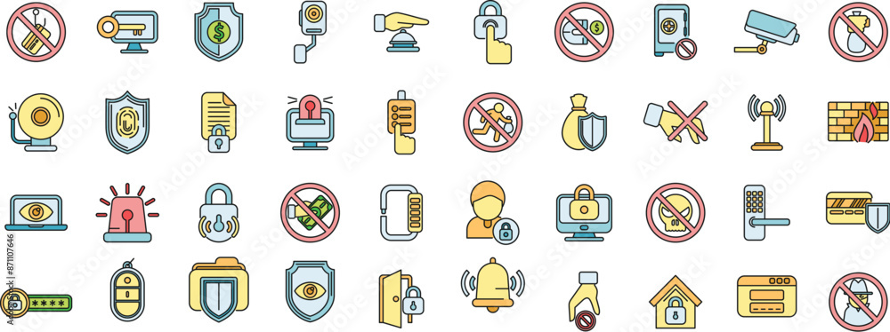 Aufkleber stop theft icons set outline vector. anti terrorist. hacker attack thin line color flat on white