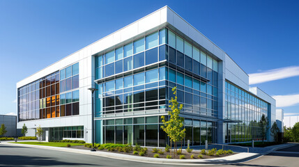 Exterior shot of a modern clinical research facility, architectural lines and bright signage, left third copy space