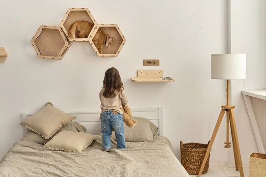 Little kid playing with her cat in a bedroom
