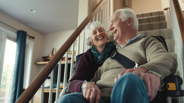 Cheerful senior pair enjoy a companionable journey on tandem stairlift inside their comfortable suburban residence.