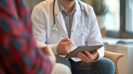Researcher conducting a follow-up interview with a trial participant, warm and professional setting, bottom third copy space