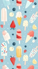 Ice cream pattern. Summer street food, snacks. Cone waffle with filling, ice cream balls in cup, ice cream in cone. Flat cartoon style background. High quality AI generated image